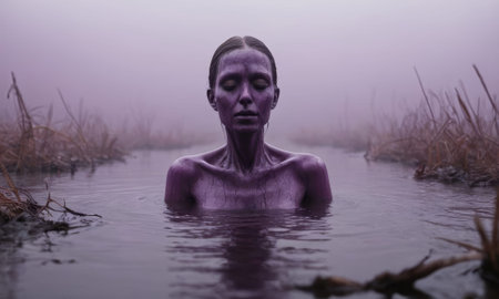 Purple woman with closed eyes rising from dark water, enveloped in a foggy, mystical landscape filled with an eerie atmosphereの素材