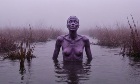 Purple woman with closed eyes rising from dark water in a foggy swamp, surrounded by tall grass, evokes an eerie and mystical atmosphereの素材