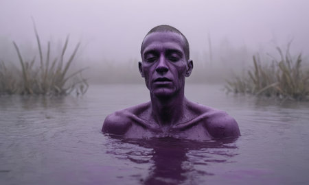 Man painted purple emerges from a swamp on a foggy day, creating a mysterious and surreal sceneの素材