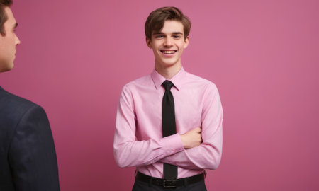 Two businessmen on a pink background, one is smiling with arms crossed, the other is looking at himの素材