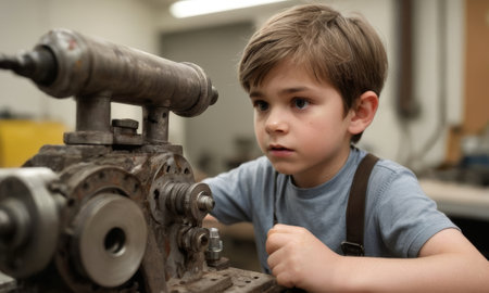 Curious young apprentice examines intricate machinery, learning engineering in a workshop environmentの素材