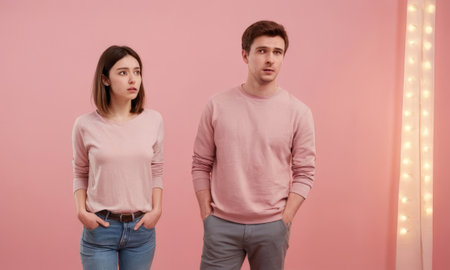 Young man and woman wearing pink sweaters standing with hands in pockets and looking away with worried expression against pink background with string lightsの素材