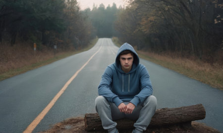 Serious young man wearing a blue hoodie is sitting on a log in the middle of an empty road that leads into a misty forestの素材