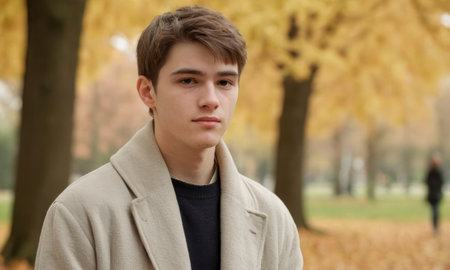 Portrait of a serious young man wearing a coat in a park during the fall season, surrounded by yellow leavesの素材