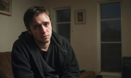 Portrait of a sad young man sitting on a sofa in his living room, feeling depressed and lonelyの素材