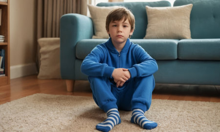 Sad child sitting on the living room floor, feeling lonely and thoughtful, surrounded by silence while wearing comfortable pajamasの素材