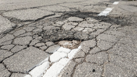 Close-up of deteriorated asphalt road surface featuring potholes and cracks, highlighting the need for road maintenance and repairの写真素材