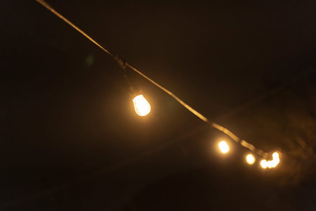 Warm light bulbs strung together illuminate the night, creating a cozy, inviting ambiance perfect...