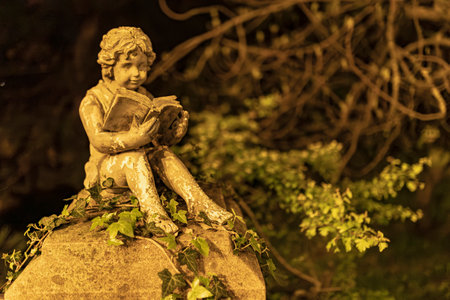 Old weathered stone cherub statue reading a book sitting on a rock surrounded by ivy illuminated at nightの写真素材