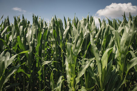 Lush cornfield thriving under a bright summer sky, displaying vibrant growth and the richness of...