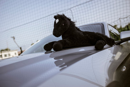 Black plush horse toy with a white spot on its forehead, comfortably resting on a gray car hood, evokes feelings of childhood joyの写真素材