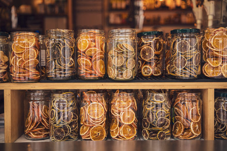 Various glass jars filled with colorful dried orange slices, creating a visually appealing display...