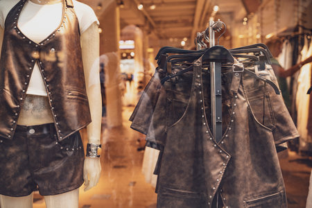 Brown leather studded vest and shorts displayed on a mannequin and clothing rack in a fashion retail...
