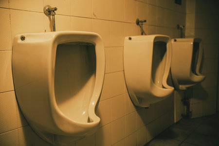 Three white ceramic urinals aligned on a tiled wall in a public restroom, highlighting cleanliness and functionality in a commercial settingの写真素材