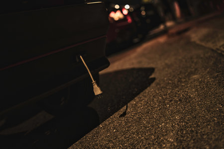 Electric car charging plug hanging from the vehicle at a charging station, illuminated by soft...