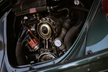 Close-up of pressure gauge showing compression test being performed on classic volkswagen beetle...