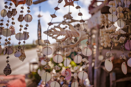 Colorful seashell wind chimes create a dreamy atmosphere in a souvenir shop in Isla Mujeres, Mexicoの写真素材