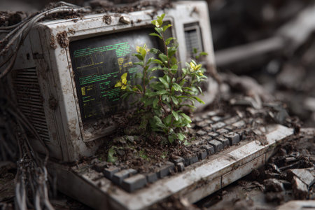 Small plant with yellow flowers growing on a dirty abandoned laptop keyboard, symbolizing nature reclaiming technologyの素材