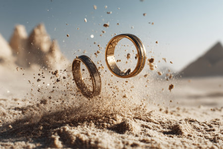 Two golden wedding rings falling on the sand creating a splash, with pyramids of giza blurred in the backgroundの素材