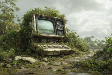 Lush vegetation is reclaiming an old desktop computer abandoned in a tropical forest, symbolizing the power of nature over technologyの素材