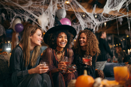 Three cheerful women wearing witch costumes are enjoying drinks and laughing together, celebrating Halloween at a decorated partyの素材