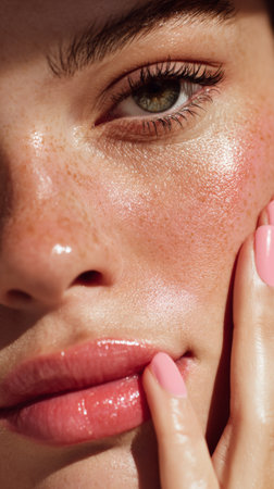 Extreme close-up of a model's face showing glossy pink lips and matching nail polish, highlighting the trends in makeup and cosmeticsの素材