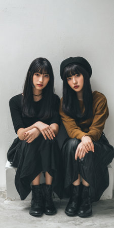 Two young japanese women showcasing stylish clothing while posing together in a photography studio, exuding elegance and modern beautyの素材