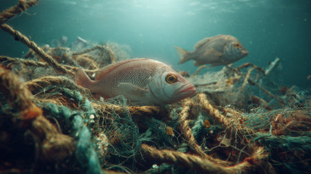 Fish swimming near plastic waste and fishing nets in a polluted sea, representing environmental problems and global pollutionの素材