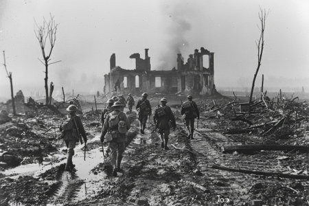 British soldiers are marching through a muddy, devastated battlefield past a ruined building during world war oneの素材