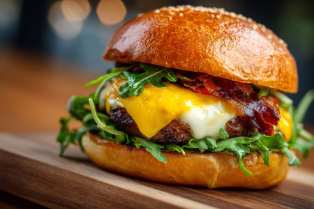 Delicious hamburger with melted cheese, crispy bacon, and fresh lettuce, served on a rustic wooden board, creating a mouthwatering culinary experienceの素材