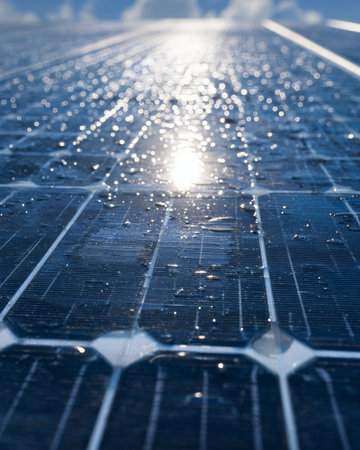 Water drops on a solar panel are reflecting sunlight after a refreshing rain, symbolizing sustainable energy productionの素材