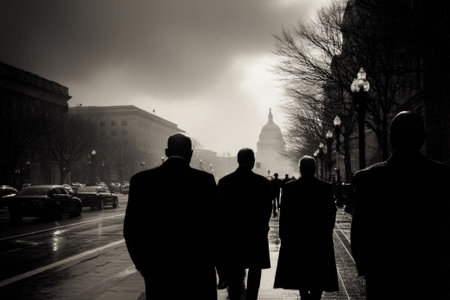 Silhouetted businessmen walking on a wet sidewalk towards the united states capitol building in washington, dc, suggesting hidden power and influenceの素材