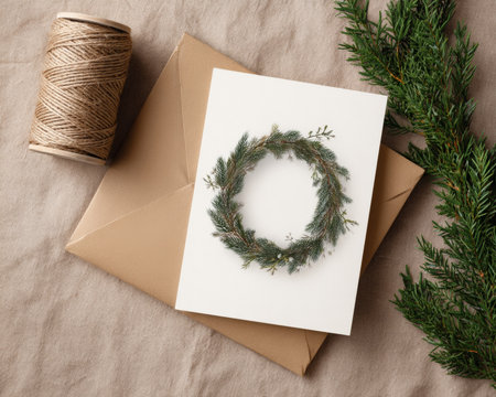 Festive scene featuring a christmas card mockup with a pine wreath design, accompanied by a kraft envelope and twine on a linen background, perfect for holiday greetingsの素材