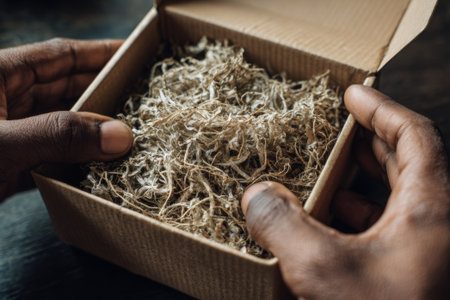 Close-up of hands opening a cardboard box filled with shredded recycled paper, demonstrating eco-friendly packaging practicesの素材
