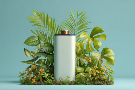 Large electric battery surrounded by tropical plants symbolizes eco-friendly energy solutions and sustainable power generationの素材