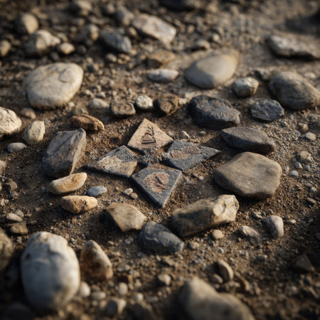 Map marker made of engraved stones lying on gravel ground, suggesting storytelling and adventureの素材