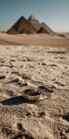 Two wedding rings lie on the sand, with the pyramids of Giza in the background, symbolizing enduring love and commitmentの素材