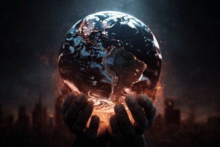 Giant hands holding a burning planet earth as a symbol of destruction and power in a dystopian futureの素材