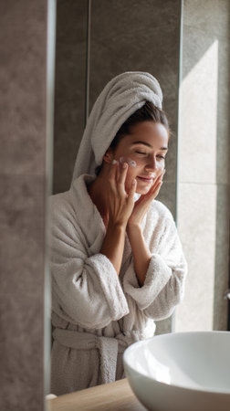 Woman wearing bathrobe and towel gently applying organic moisturizing face cream in her modern bathroomの素材