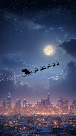 Santa Claus is flying with his sleigh and reindeer over a snowy city skyline at night with a full moon and starry skyの素材