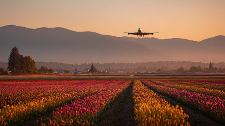 Passenger airplane landing over colorful tulip fields at sunset, with mountains in the backgroundの素材