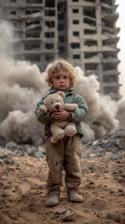Sad child hugging teddy bear in destroyed city after bombing, concept of war and children's sufferingの素材