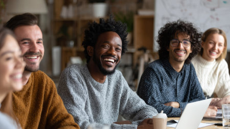 Happy multi-ethnic colleagues are laughing during a collaborative and productive business meetingの素材