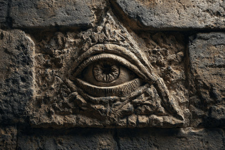 Masonic symbol of the eye of providence carved into an old stone wall, representing spiritual sight, enlightenment, and divine watchfulnessの素材