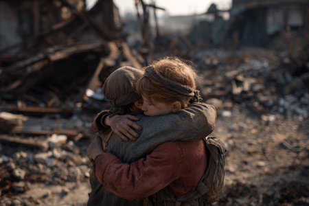 Two children find solace in each other's arms amidst the devastation of a war-torn city, highlighting the resilience of the human spiritの素材
