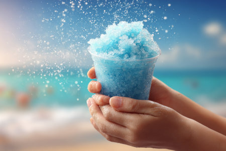 Refreshing blue granita held in hands, with water droplets splashing playfully against a blurred beach backdrop, creating a cool summer vibeの素材
