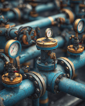 Complex network of industrial pipelines and valves regulating methane gas distribution, highlighting the infrastructure of energy transportationの素材