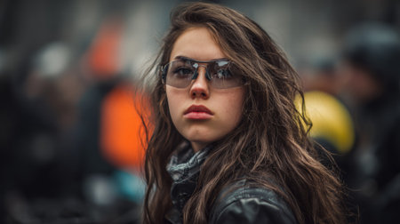Young woman with sunglasses and a leather jacket exudes a revolutionary spirit in a blurred urban settingの素材