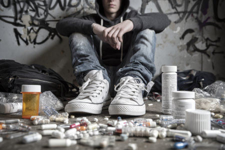 Teenager struggling with drug abuse, surrounded by various pills and containers, highlighting the dangers of addictionの素材