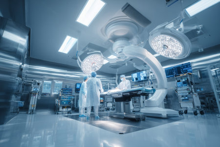 Medical team performing surgery in a state-of-the-art operating room, utilizing advanced technology and specialized instruments for patient careの素材